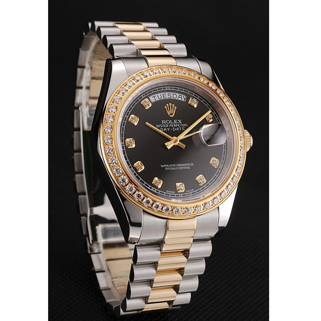 Good copy rolex watches Steel Case Dial Black Two Tone Gold Rolex 1453975 Bracelet Stainless Diamond Swiss Day-Date 0716